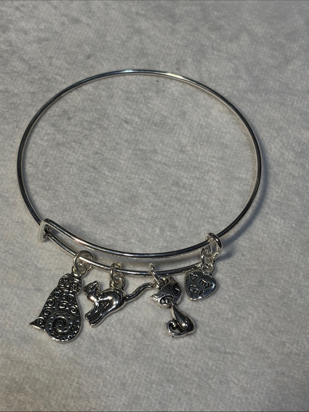 Cattitude Silver Adjustable Charm Bangle Bracelet